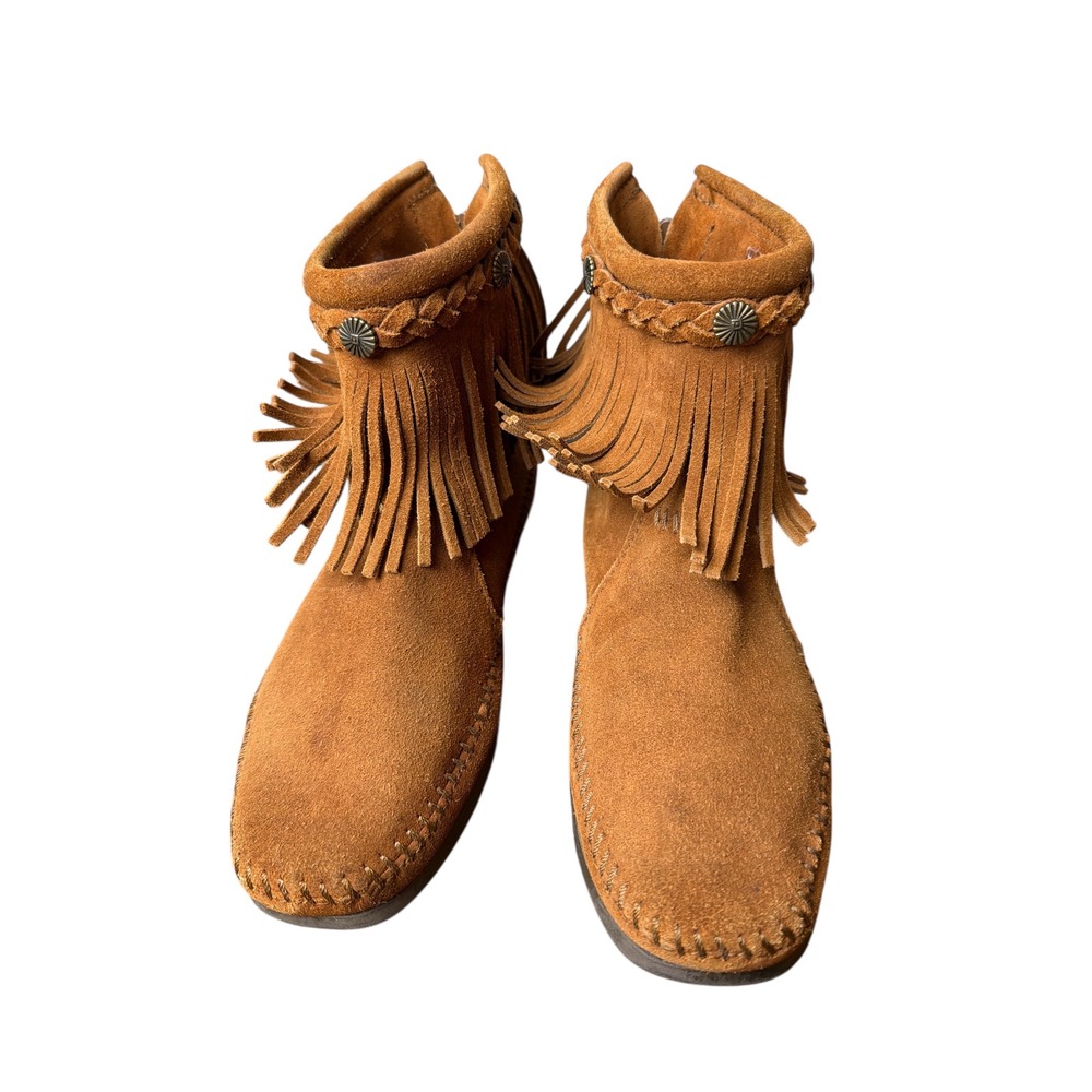 Minnetonka Brown Suede Fringe Moccasin Ankle Boots Zip Closure Women Size 7 - Picture 3 of 9